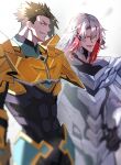  2boys absurdres achilles_(fate) arms_at_sides blurry clenched_teeth depth_of_field fate/grand_order fate_(series) gold_armor green_hair grey_armor grey_background grey_hair grin hair_between_eyes hand_on_own_hip haruakira highres looking_to_the_side lower_teeth_only male_focus multicolored_hair multiple_boys odysseus_(fate) short_hair smile streaked_hair teeth undercut yellow_eyes 