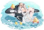  1girl anchorage_(azur_lane) anchorage_(dolphins_and_swim_lessons)_(azur_lane) ass azur_lane bandaid bare_shoulders beach bikini bird black_bow black_ribbon blush bow breast_press breasts cellphone feet frills full_body hair_between_eyes hair_bow hair_ornament hair_ribbon highres inflatable_orca inflatable_toy innertube jacket lal!role large_breasts legs light_brown_hair long_hair long_sleeves looking_at_viewer looking_back lying manjuu_(azur_lane) non-web_source ocean official_alternate_costume official_art on_stomach open_mouth outdoors palm_leaf palm_tree phone purple_eyes ribbon rubber_duck see-through see-through_jacket side-tie_bikini_bottom sideboob smartphone smile surfboard swimsuit thighhighs thighs toes topless tree twintails very_long_hair water wet white_bikini white_jacket white_thighhighs 