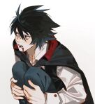  1boy bags_under_eyes black_hair blood blood_on_face blue_pants cape death_note fangs hair_between_eyes highres holding_legs l_(death_note) long_sleeves looking_to_the_side male_focus open_mouth pants rightgate shirt short_hair simple_background sitting solo vampire white_shirt 