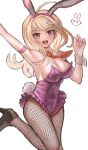  1girl :d ahoge akamatsu_kaede animal_ears arm_up blonde_hair breasts cleavage commentary_request danganronpa_(series) danganronpa_v3:_killing_harmony detached_collar fake_animal_ears fake_tail hair_ornament hand_up happy highres large_breasts leotard long_hair looking_at_viewer musical_note musical_note_hair_ornament necktie orange_necktie pantyhose pink_leotard playboy_bunny rabbit_ears rabbit_tail smile solo strapless strapless_leotard tail teeth upper_teeth_only visket53 wrist_cuffs 