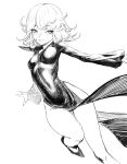  1girl blush breasts floating_clothes fujii_eishun greyscale highres impossible_clothes leg_up looking_at_viewer medium_breasts medium_hair monochrome one-punch_man open_hands shoes simple_background sleeves_past_wrists smile solo tatsumaki white_background 