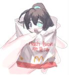  1boy aqua_eyes bag black_eyes black_hair blush fingernails half_updo heterochromia holding holding_bag hong_lu_(limbus_company) limbus_company long_hair mcdonald&#039;s mini_person miniboy nishiirei9522 oekaki open_mouth project_moon simple_background smile very_long_hair white_background 