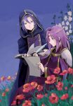  2boys absurdres blue_sky book cho_yoy circlet fire_emblem fire_emblem:_the_sacred_stones flower hair_between_eyes highres holding holding_book holding_paper holding_quill hooded_robe knoll_(fire_emblem) light_smile lyon_(fire_emblem) medium_hair multiple_boys open_book paper parted_lips purple_hair quill reading red_flower robe short_hair sky white_flower writing 
