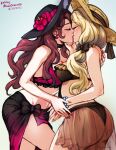  2girls artist_name ass bikini blonde_hair bow breasts brown_bikini brown_hair choker closed_eyes cowboy_shot dated dorothea_arnault dorothea_arnault_(summer) earrings fire_emblem fire_emblem:_three_houses fire_emblem_heroes flower gradient_sarong hair_bow hair_ribbon hat hat_flower hat_ribbon jewelry kiss long_hair medium_breasts mercedes_von_martritz mercedes_von_martritz_(summer) mina_cream multiple_girls nail_polish official_alternate_costume pink_bikini red_nails ribbon sarong see-through see-through_sarong straw_hat sun_hat swimsuit yuri 