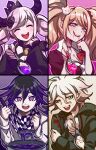  2boys 2girls bad_food bear_hair_ornament black_dress black_flower black_gloves black_hair black_horns black_shirt blonde_hair blue_eyes blush bow braid breasts checkered_clothes checkered_scarf cleavage commentary_request cooking_pot crown curry curry_rice danganronpa:_trigger_happy_havoc danganronpa_(series) danganronpa_2:_goodbye_despair danganronpa_v3:_killing_harmony dress drooling enoshima_junko fingerless_gloves flower food gloves green_jacket hair_between_eyes hair_flower hair_ornament hands_up highres holding holding_ladle holding_spoon hood hooded_jacket horns incoming_food jacket komaeda_nagito ladle long_hair long_sleeves looking_at_viewer master_detective_archives:_rain_code messy_hair multicolored_hair multiple_boys multiple_girls nail_polish necktie nota_sayaka oma_kokichi open_clothes open_jacket open_mouth outline pink_hair purple_eyes purple_hair red_bow red_nails rice scarf shinigami_(rain_code) shirt short_hair smile spoon sweat twin_braids twintails two-tone_hair upper_body white_hair white_necktie white_shirt 