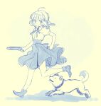  1girl 87banana ahoge animal artoria_pendragon_(fate) blouse bow dog dress fate/stay_night fate_(series) hair_bow holding holding_plate monochrome plate running saber shirt shoes solo_focus white_shirt 