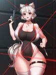  absurdres animal_ears bare_shoulders breasts choker cleavage dog_tags gun hat highres holding holding_weapon huge_breasts inubashiri_momiji knife large_breasts laser looking_at_viewer navel one-piece_swimsuit open_mouth red_eyes short_hair swimsuit tail thigh_strap thighhighs thighs tochinoko tokin_hat touhou weapon white_hair wolf_ears wolf_girl wolf_tail 