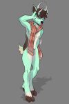  anthro antlers artist_name blep blinking brown_hair clothing deer digital_drawing_(artwork) digital_media_(artwork) fanaya fur hair hi_res hooves horn male mammal mostly_nude nude scarf scarf_only shaded short_tail signature simple_background solo tail tongue tongue_out tuft 