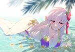  1girl bare_shoulders bikini bikini_day braid breast_awe breasts cleavage day fate/grand_order fate_(series) hair_ribbon highres kama_(fate) large_breasts long_hair looking_at_viewer red_eyes redrop ribbon side_braid smile solo string_bikini swimsuit thighs white_hair 