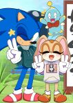  absurd_res anthro blush chao_(sonic) cheese_the_chao clothing cream_the_rabbit double_v_sign eulipotyphlan eyes_closed female gesture group hedgehog hi_res hoodie lagomorph leporid looking_at_viewer male mammal one_eye_closed onibi rabbit sega sonic_the_hedgehog sonic_the_hedgehog_(series) star topwear trio v_sign wink 