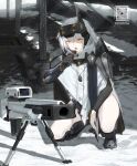  1girl barcode candy candy_bar candy_wrapper eating food glowing goddess_of_victory:_nikke gun highres jacket looking_at_viewer product_placement rifle science_fiction scope snickers_(brand) sniper_rifle snow snow_white_(nikke) solo squatting tom-neko_(zamudo_akiyuki) weapon white_hair white_jacket yellow_eyes 