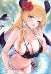  1girl absurdres ayamy bikini black_bikini blonde_hair blurry blurry_background bracelet breasts collarbone demon_girl demon_horns demon_tail demon_wings flower green_eyes hair_flower hair_ornament hand_on_own_chest hibiscus highres holding hololive horns innertube jewelry large_breasts long_hair looking_at_viewer navel one_eye_closed pointy_ears scan simple_background smile solo stomach swimsuit tail tongue tongue_out virtual_youtuber water water_drop wet wings yuzuki_choco 