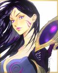  1girl bodysuit border breasts cleavage closed_mouth collarbone detached_wings eyelashes facial_mark facial_tattoo floating_hair forehead_mark highres jian_tai_(cuoyu0) kai&#039;sa large_breasts league_of_legends long_hair looking_at_viewer orange_border purple_bodysuit purple_eyes purple_hair purple_lips scar scar_on_face signature simple_background smile solo tattoo upper_body whisker_markings white_background wings 