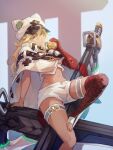  1girl arm_support bandaged_leg bandages blonde_hair brown_eyes burger crop_top dark-skinned_female dark_skin eating food guilty_gear guilty_gear_strive holding holding_food huge_weapon long_hair midriff navel online_neet ramlethal_valentine short_shorts shorts solo sword thigh_strap weapon 