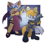  age_difference anthro bat canid canine clothing dress duo female fox gun hi_res hyoumaru lipstick makeup male male/female mammal miles_prower older_female ranged_weapon red_clothing red_dress rouge_the_bat sega sonic_the_hedgehog_(series) weapon younger_male 
