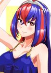  1girl alear_(female)_(fire_emblem) alear_(fire_emblem) blue_eyes blue_hair blush breasts cleavage closed_mouth crossed_bangs fire_emblem fire_emblem_engage hair_between_eyes heterochromia highres large_breasts light_smile long_hair looking_at_viewer multicolored_hair official_alternate_costume red_eyes red_hair solo split-color_hair swimsuit tiara to_(tototo_tk) two-tone_hair 