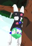  2020 3_fingers :o blue_eyes branch clothing detailed_background featureless_feet female fingers gardevoir generation_3_pokemon green_hair hair hanging_from_branch hi_res humanoid mferite nintendo not_furry open_mouth plant pokemon pokemon_(species) solo tree upside_down 