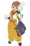  1boy bag brown_hair child english_commentary full_body gloves highres karol_capel male_focus official_art open_mouth shoes shoulder_bag smile solo tales_of_(series) tales_of_asteria tales_of_vesperia transparent_background v white_gloves 