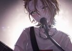  1girl absurdres asymmetrical_legwear backlighting black_choker blush brown_hair chain_necklace choker collarbone ear_piercing green_eyes highres idolmaster idolmaster_cinderella_girls instrument jewelry kimura_natsuki kumatsuki_(no-kirin) microphone microphone_stand music necklace piercing playing_instrument shirt singing solo sweatdrop upper_body white_shirt 