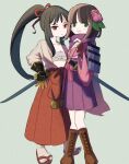  2girls black_hair brown_footwear brown_hair bushidou_(sekaiju) bushidou_2_(sekaiju) bushidou_4_(sekaiju) chest_sarashi closed_mouth flower full_body gloves green_eyes hair_flower hair_ornament hair_ribbon hakama hakama_skirt highres japanese_clothes long_hair long_skirt mikamseizin multiple_girls ponytail red_eyes red_skirt ribbon sandals sarashi sekaiju_no_meikyuu sekaiju_no_meikyuu_1 simple_background skirt smile socks sword tabi weapon 