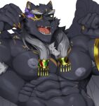  abs anthro biceps black_body black_fur eye_patch eyewear felid fur gold_(metal) gold_jewelry hair_tassels jewelry lifewonders low_res male mammal muscular muscular_anthro muscular_male nekogaki0324 nipples pantherine pecs solo tezcatlipoca tokyo_afterschool_summoners wings 