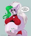  anthro belly big_belly big_breasts breasts canid canine canis closed_smile comic dialogue ear_piercing female five_nights_at_freddy&#039;s five_nights_at_freddy&#039;s:_security_breach green_hair hair hi_res long_hair mammal mouth_closed piercing pregnant roxanne_wolf_(fnaf) scottgames smile solo steel_wool_studios volodyanocturne white_hair wolf yellow_eyes 