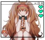  1girl angelina_(arknights) animal_ear_fluff animal_ears arknights bare_shoulders black_choker breasts brown_eyes brown_hair chibi chibi_inset choker cleavage feet_out_of_frame hair_between_eyes hairband heart inu_to_milk knees_together_feet_apart knees_up long_hair medium_breasts pixelated red_hairband simple_background squatting twintails very_long_hair white_background wrist_cuffs 