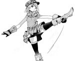  1girl absurdres black_gloves black_shorts boots braid fire_emblem fire_emblem_engage framme_(fire_emblem) gloves greyscale hat high_kick highres illust_mi kicking long_hair monochrome plaid ribbon scarf shorts shorts_under_skirt single_braid solo thighhighs white_background 