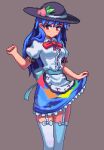  1girl adapted_costume black_headwear blue_hair blue_skirt blush bow brown_background center_frills clenched_hand commentary cowboy_shot frilled_skirt frills garter_straps hair_over_shoulder hand_up hat hinanawi_tenshi long_hair looking_at_viewer miniskirt peach_hat_ornament pixel_art potemki11 puffy_short_sleeves puffy_sleeves red_bow red_eyes shirt short_sleeves simple_background skirt skirt_hold solo standing thighhighs touhou white_bow white_shirt white_thighhighs zettai_ryouiki 