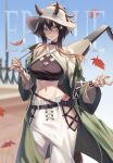  1girl animal_ears arknights bad_hands bangs bare_shoulders black_choker black_shirt breasts brown_hair choker cleavage coat commentary_request cowboy_shot crop_top ears_through_headwear green_eyes grin hair_between_eyes highres horse_ears large_breasts long_hair looking_at_viewer meteor_(arknights) meteor_(bard&#039;s_holiday)_(arknights) midriff navel official_alternate_costume open_clothes open_coat pants shirt smile solo standing stomach suwa763 white_headwear white_pants 