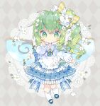  1girl adapted_costume apron argyle argyle_background blue_dress blush closed_mouth daiyousei doily dress fairy fairy_wings frilled_apron frilled_dress frills full_body green_eyes green_hair hair_between_eyes highres kneehighs long_hair long_sleeves looking_at_viewer nikorashi-ka side_ponytail socks solo touhou white_apron white_socks wings 