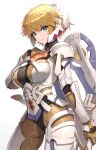  1girl armor blonde_hair bodysuit breasts cleavage cyborg fiora_(xenoblade) gloves gold_trim gonzarez green_eyes hand_on_own_chest highres large_breasts looking_at_viewer mechanical_wings short_hair solo upper_body white_armor white_background wings xenoblade_chronicles_(series) xenoblade_chronicles_1 