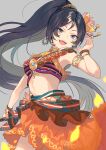  1girl arm_up armlet armpits black_hair blue_eyes bow bracelet breasts cropped_shirt dot_nose earrings falling_petals flower grey_background hair_flower hair_ornament idolmaster idolmaster_cinderella_girls idolmaster_cinderella_girls_starlight_stage jewelry kurotea long_hair looking_at_viewer midriff multicolored_bow multicolored_shirt neck_ring open_mouth orange_skirt outstretched_arm petals ponytail simple_background skirt smile solo sugisaka_umi thighs waist_bow 
