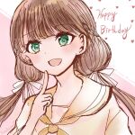  1girl birthday blush brown_hair commentary english_text green_eyes happy_birthday heart long_hair looking_at_viewer love_live! love_live!_superstar!! low_twintails pink_background sakurakouji_kinako signature smile solo suzuhara_nozomi twintails two-tone_background upper_body white_background 
