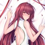  1girl back_cutout blush breasts china_dress chinese_clothes clothing_cutout dakimakura_(medium) dress fate/grand_order fate_(series) feng_mouren from_behind large_breasts long_hair looking_back nipples orange_eyes purple_hair red_ribbon ribbon scathach_(fate) sheet_grab solo white_dress 