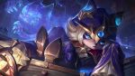  1girl blue_eyes blue_robe book brown_footwear commentary english_commentary flipped_hair gem glowing grey_hair highres hood hood_up indoors lamp league_of_legends looking_at_viewer robe sitting solo_focus vex_(league_of_legends) vex_shadow_(league_of_legends) yordle 