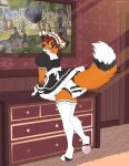  anthro blush brown_hair canid canine cleaning_tool clothed clothing crossdressing diaper embarrassed feather_duster fox fur girly hair hi_res legwear looking_back maid_uniform male mammal orange_body orange_fur pawpads solo strawberryneko tail_under_skirt tail_upskirt thigh_highs uniform upskirt 