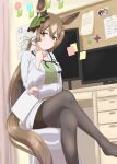  1girl animal_ears brown_hair coat computer crossed_legs doctor green_shirt highres holding holding_paper horse_ears horse_girl horse_tail indoors kitasan_black_(umamusume) lab_coat long_hair looking_at_viewer multicolored_hair pantyhose paper ribehachi satono_diamond_(umamusume) shirt sitting smile solo stethoscope tail two-tone_hair umamusume white_coat 