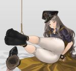  1girl absurdres bdsm bondage bound bound_ankles brown_dust brown_hair chuck_(harfmoondark) gloves hat highres long_hair looking_at_viewer ludmilla_(brown_dust) mole mole_under_eye no_shoes socks solo 