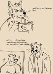  anthro beard canid canine canis cougar coyote dialogue drawing duo echo_(series) echo_project english_text facial_hair felid feline ganii hi_res humor male mammal monochrome pecs samuel_ayers sparkles text the_smoke_room tired william_adler 