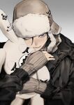  1boy black_hair black_jacket fingerless_gloves fur_hat gloves gradient_background grey_background hair_between_eyes hat highres jacket lower_lip_only mole mole_under_eye original purple_eyes smile solo sriokorr stuffed_animal stuffed_rabbit stuffed_toy upper_body ushanka 