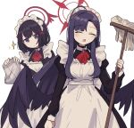  2girls :o ^_^ alternate_costume apron ascot black_choker black_hair black_wings blue_archive choker closed_eyes commentary_request enmaided feathered_wings frilled_apron frills hair_ornament hairclip halo highres holding holding_mop ichika_(blue_archive) long_hair long_sleeves looking_at_viewer maid maid_apron maid_headdress mashiro_(blue_archive) mop multiple_girls parted_bangs pendant_choker purple_eyes rag sidelocks simple_background white_apron white_background wings wotakana_s 