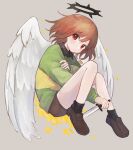  1other angel_wings black_shirt black_socks brown_footwear brown_shorts chara_(undertale) collared_shirt dark_halo flower green_sweater grey_background halo hand_on_own_arm heart heart_necklace highres holding holding_knife jewelry knife loafers long_sleeves looking_at_viewer medium_hair nano_mochi necklace red_eyes shirt shoes shorts simple_background socks solo sweater undertale wings yellow_flower 