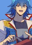  1boy absurdres blue_background blue_hair blue_shirt box bruno_(yu-gi-oh!) facing_viewer grey_eyes hand_up happy highres holding holding_box jacket looking_to_the_side male_focus open_clothes open_jacket open_mouth pointing pointing_to_the_side shirt short_hair simple_background smile solo toolbox white_jacket youko-shima yu-gi-oh! yu-gi-oh!_5d&#039;s 
