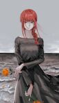  1girl beach black_dress chainsaw_man dress flower grey_sky hair_over_shoulder highres holding holding_flower kamo_(kamonegioisi) looking_at_viewer makima_(chainsaw_man) medium_hair red_flower red_hair red_rose ringed_eyes rose shore side_ponytail sidelocks sky solo water yellow_eyes 