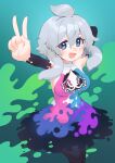  absurdres ahoge arm_behind_head blue_eyes bodypaint chumu_(teuthidan) commission commissioner_upload dress grey_hair highres looking_at_viewer niniidawns original paint_splatter smile tentacle_hair v 