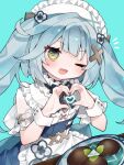 1girl :d absurdres apron aqua_background aqua_hair blush eringikinono faruzan_(cafe)_(genshin_impact) faruzan_(genshin_impact) food frilled_sleeves frills genshin_impact green_eyes heart heart_hands highres looking_at_viewer maid maid_apron official_alternate_costume one_eye_closed short_sleeves simple_background smile triangle-shaped_pupils twintails upper_body 