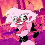  1:1 asmodeus_assistant breasts clothed clothing demon demon_humanoid detailed_background eyewear female glasses hair helluva_boss horn humanoid nipple_piercing nipples open_mouth open_smile partially_clothed piercing pink_body pink_hair simp_tale smile solo succubus tail teeth thick_thighs 