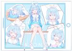  1girl :d absurdres arona_(blue_archive) bare_legs blue_archive blue_eyes blue_hair blue_shirt blush bow bowtie braid closed_eyes desk facing_viewer full_body hair_over_one_eye hair_ribbon hairband halo hands_up happy heart_halo highres holding knees_together_feet_apart looking_at_viewer medium_hair miniskirt multicolored_hair multiple_views musical_note pink_eyes pleated_skirt ribbon sailor_collar school_desk school_uniform serafuku shirt single_braid skirt sleeping sleeping_on_desk smile spoken_musical_note two-tone_hair upper_body white_bow white_bowtie white_hairband white_skirt zuu_(qq770463651) 