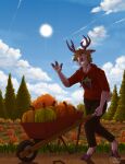  2023 2_toes 3_fingers anthro antlers artist_logo autumn barefoot black_eyebrows blue_sky bottomwear brown_bottomwear brown_clothing brown_hair brown_pants cheek_tuft clenched_teeth clothing cloven_hooves contrail countershade_tail countershading deer detailed_background digitigrade evergreen_tree eyebrows facial_tuft feet fingers food fruit fur gesture grass hair hi_res holding_wheelbarrow hoodie hooves horn logo looking_at_viewer male mammal one_eye_closed orange_eyes outside pants pine_tree pink_body pink_fur plant pumpkin pumpkin_patch purple_antlers purple_hooves purple_nose red_clothing red_hoodie red_topwear sammfeatblueheart shaded shadow short_tail signature sky smile solo speckled_body speckled_hair standing sun tail teeth toes topwear tree tuft walking waving waving_at_viewer wheelbarrow white_clouds 